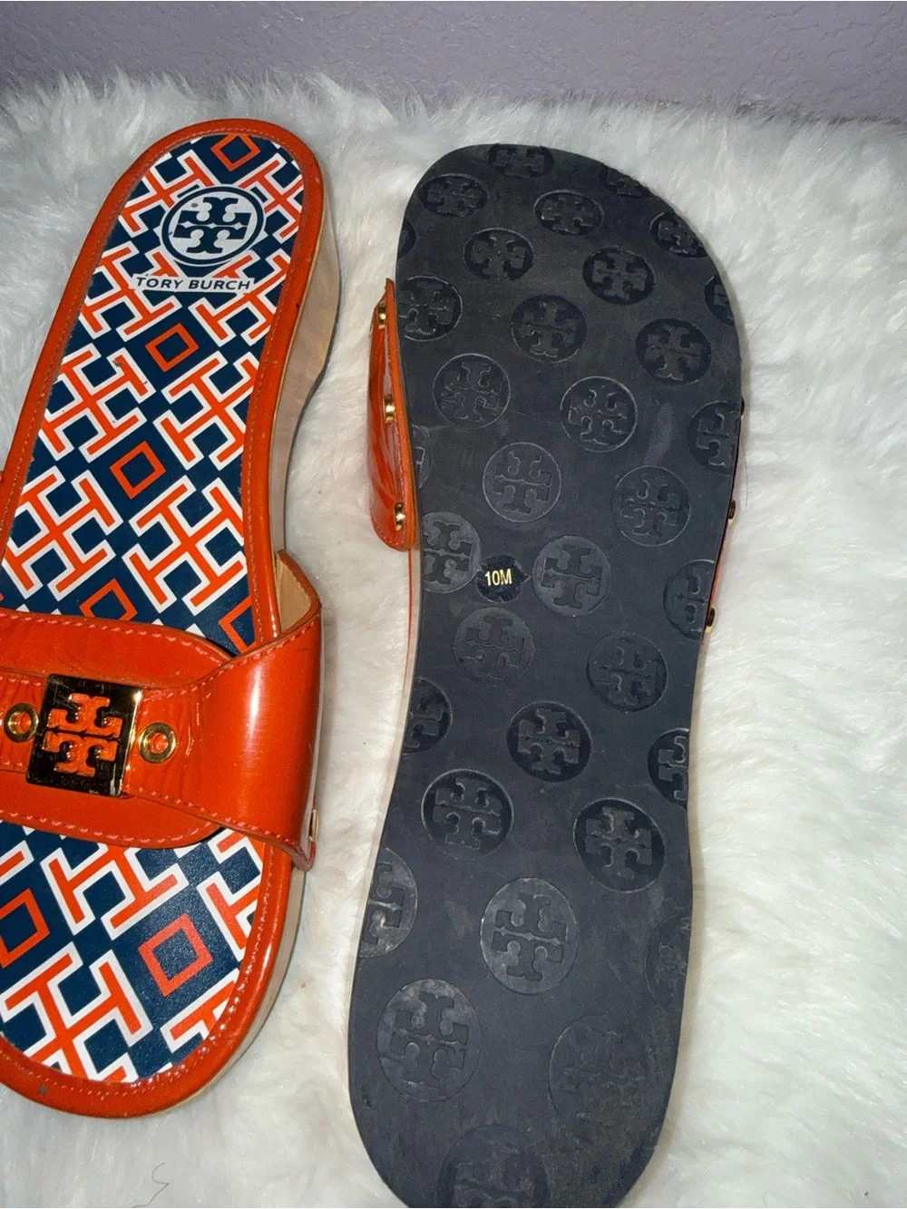 Tory Burch Kids Red-Orange Patent Slide Sandals with Logo